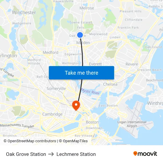 Oak Grove Station to Lechmere Station map