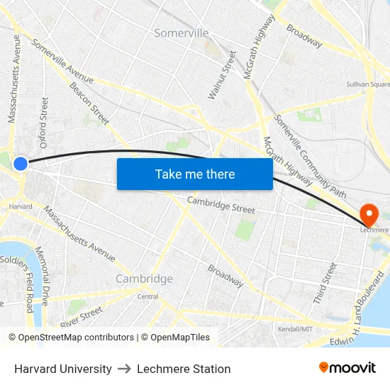 Harvard University to Lechmere Station map