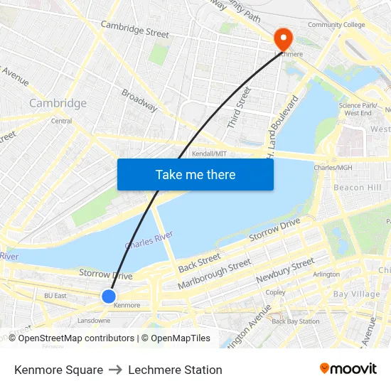 Kenmore Square to Lechmere Station map