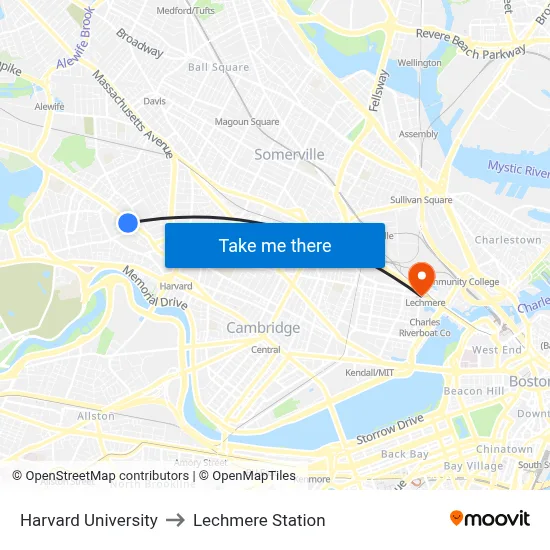 Harvard University to Lechmere Station map