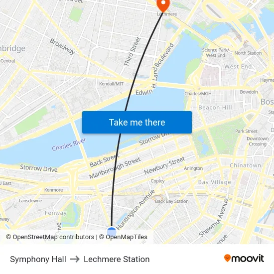 Symphony Hall to Lechmere Station map