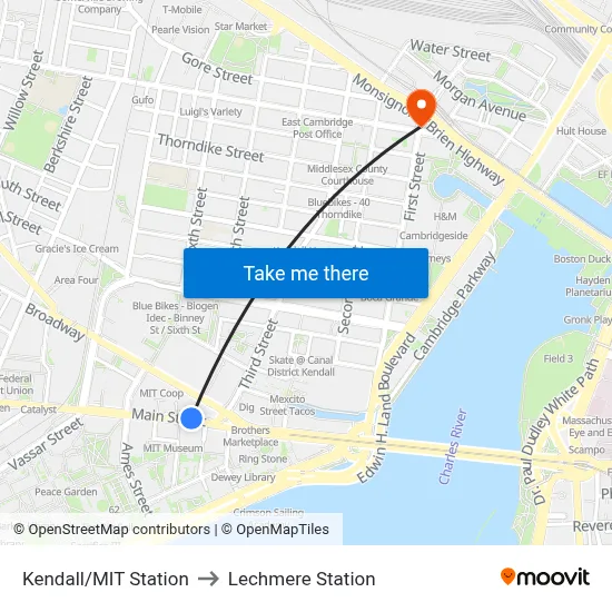 Kendall/MIT Station to Lechmere Station map