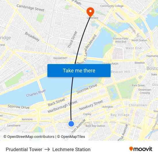 Prudential Tower to Lechmere Station map