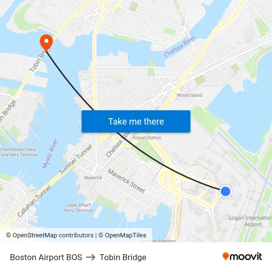 Boston Airport BOS to Tobin Bridge map