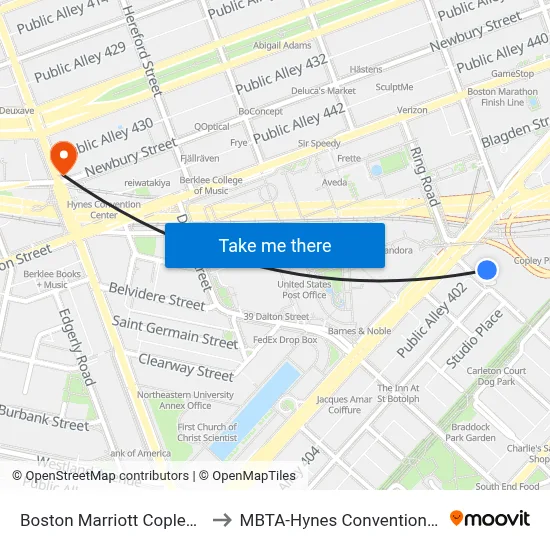 Boston Marriott Copley Place to MBTA-Hynes Convention Center map