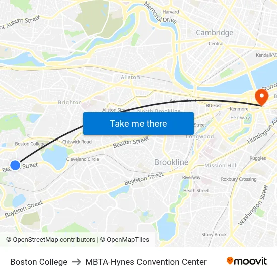Boston College to MBTA-Hynes Convention Center map