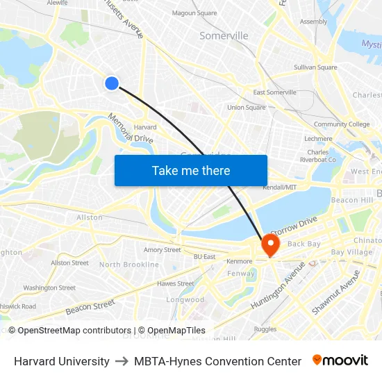Harvard University to MBTA-Hynes Convention Center map