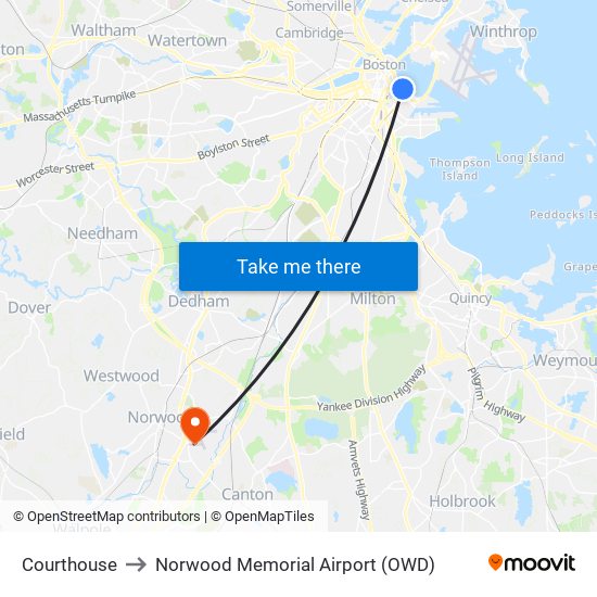 Courthouse to Norwood Memorial Airport (OWD) map