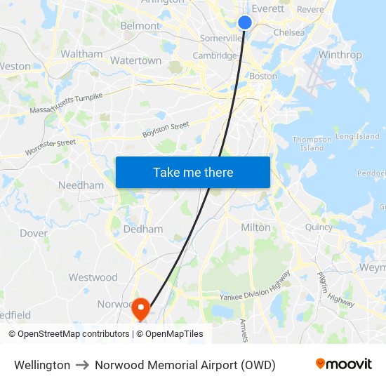 Wellington to Norwood Memorial Airport (OWD) map