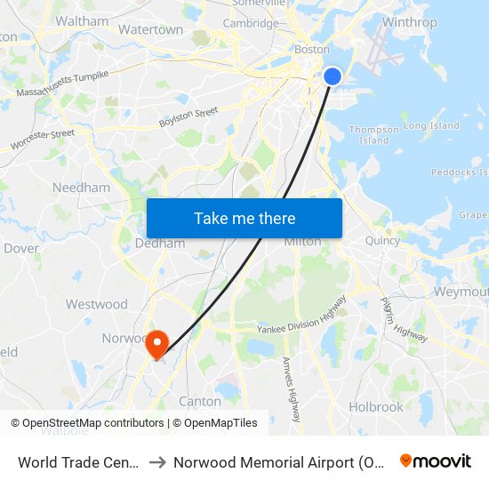 World Trade Center to Norwood Memorial Airport (OWD) map