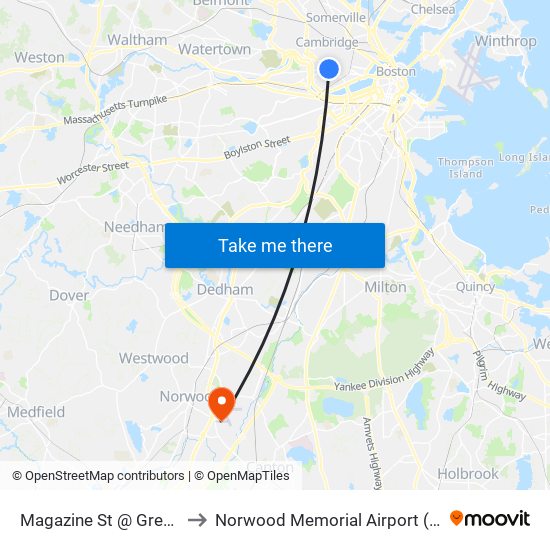 Magazine St @ Green St to Norwood Memorial Airport (OWD) map