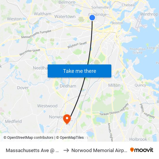 Massachusetts Ave @ Holyoke St to Norwood Memorial Airport (OWD) map