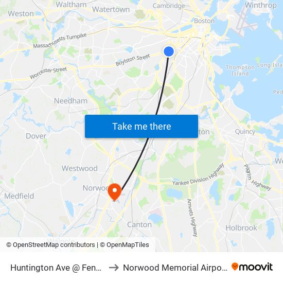 Huntington Ave @ Fenwood Rd to Norwood Memorial Airport (OWD) map