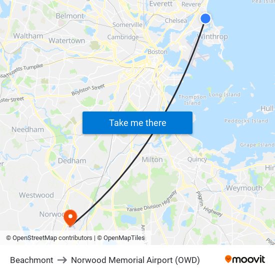 Beachmont to Norwood Memorial Airport (OWD) map