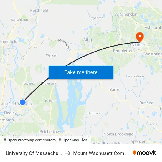 University Of Massachusetts Amherst to Mount Wachusett Community College map