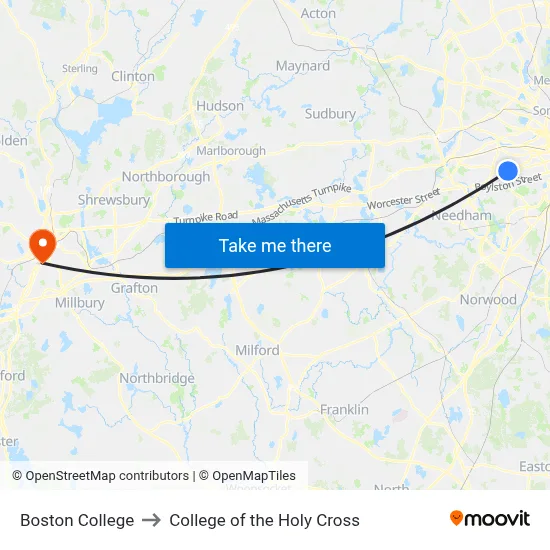 Boston College to College of the Holy Cross map