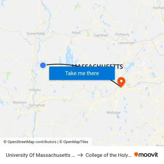 University Of Massachusetts Amherst to College of the Holy Cross map