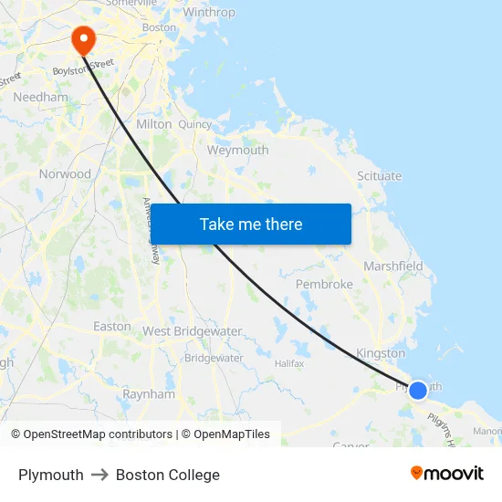 Plymouth to Boston College map