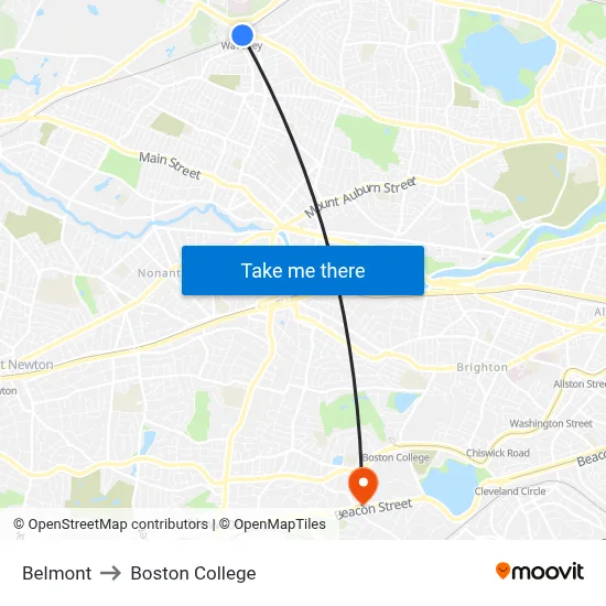 Belmont to Boston College map