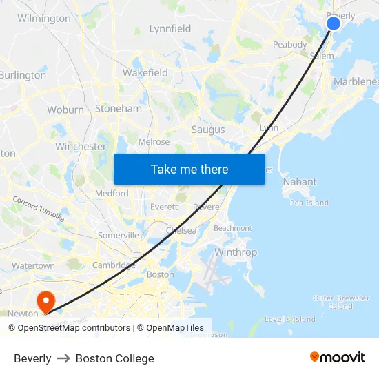 Beverly to Boston College map