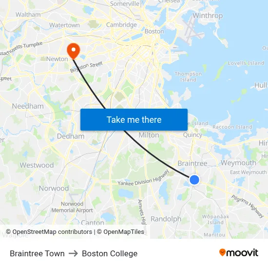 Braintree Town to Boston College map