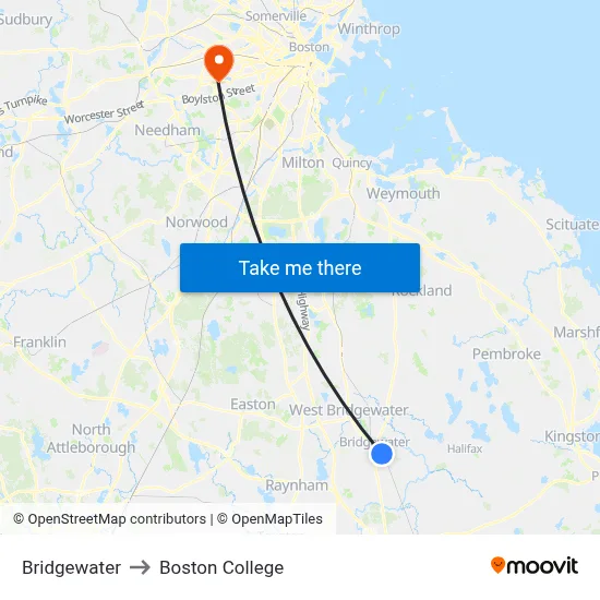Bridgewater to Boston College map