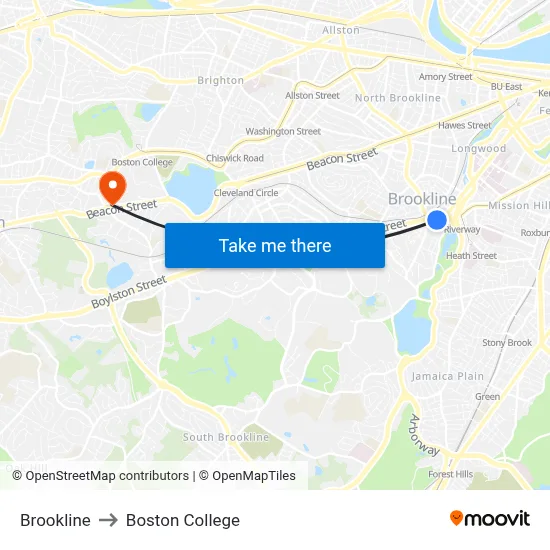 Brookline to Boston College map