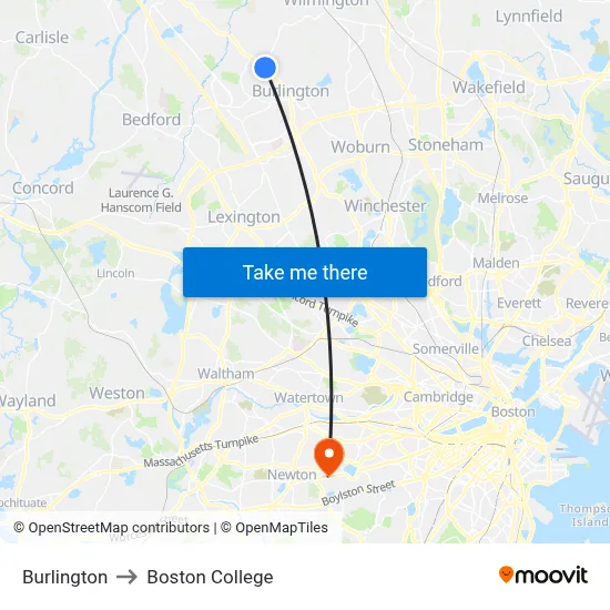 Burlington to Boston College map