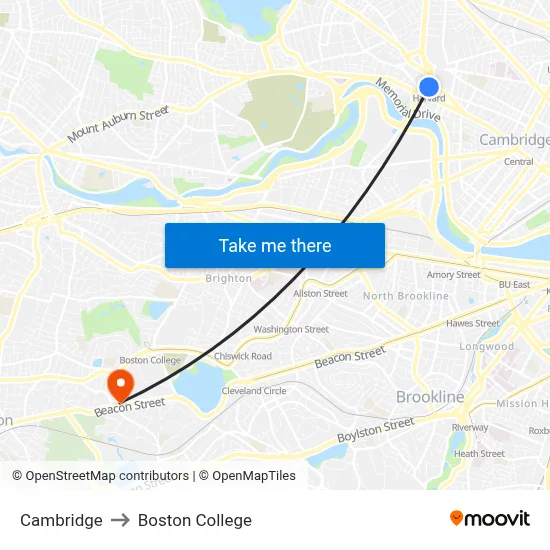 Cambridge to Boston College map