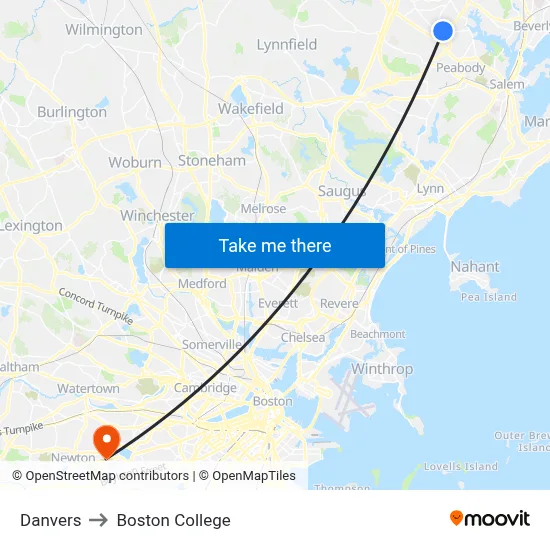 Danvers to Boston College map