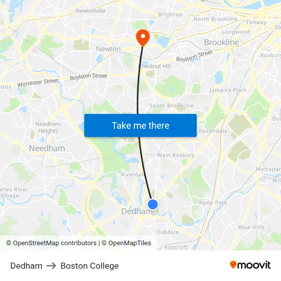 Dedham to Boston College map