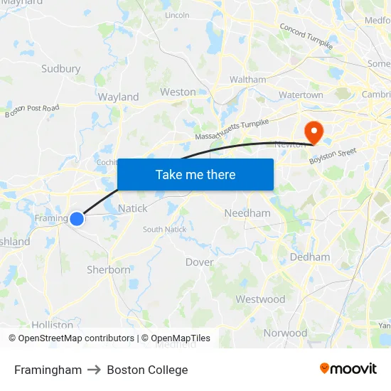 Framingham to Boston College map
