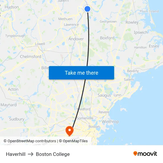 Haverhill to Boston College map