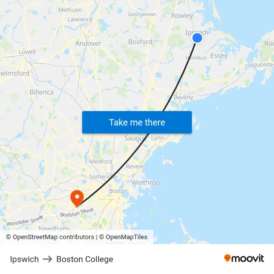 Ipswich to Boston College map