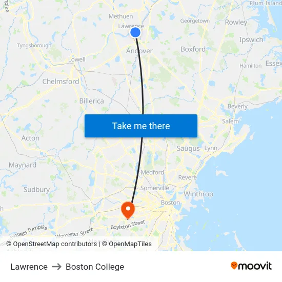 Lawrence to Boston College map