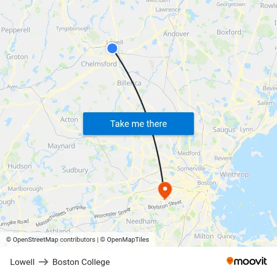 Lowell to Boston College map