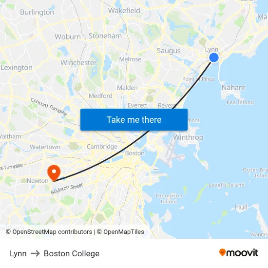 Lynn to Boston College map