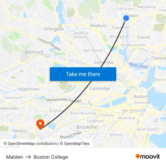 Malden to Boston College map