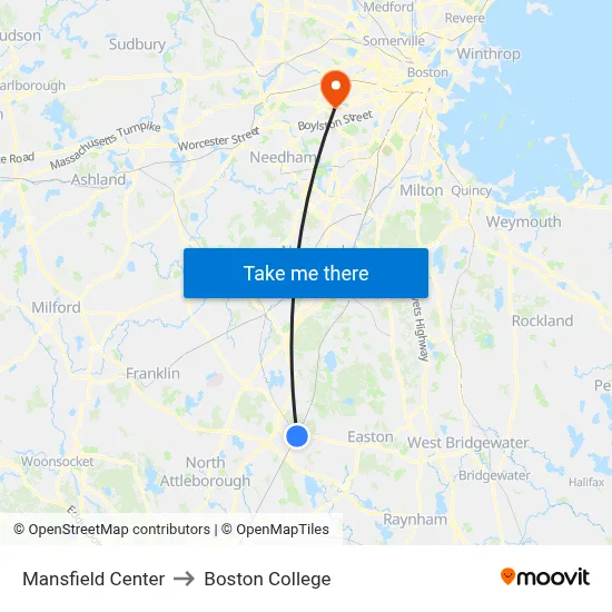 Mansfield Center to Boston College map