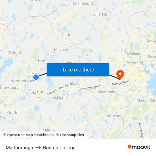 Marlborough to Boston College map