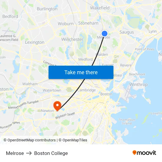 Melrose to Boston College map