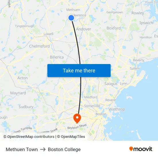 Methuen Town to Boston College map