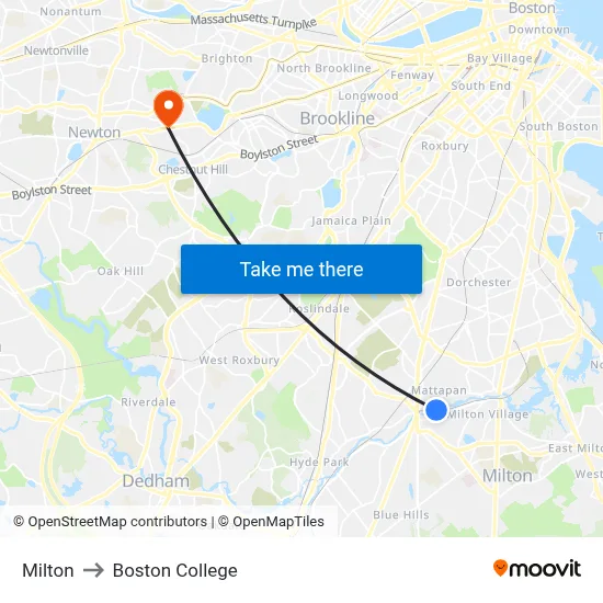 Milton to Boston College map