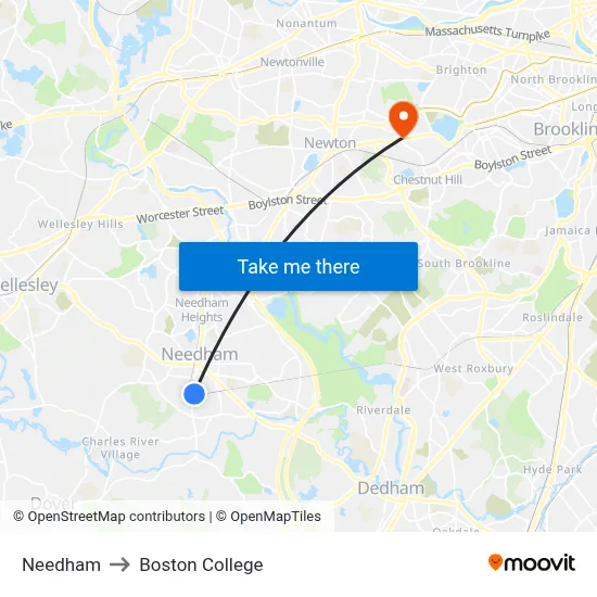 Needham to Boston College map