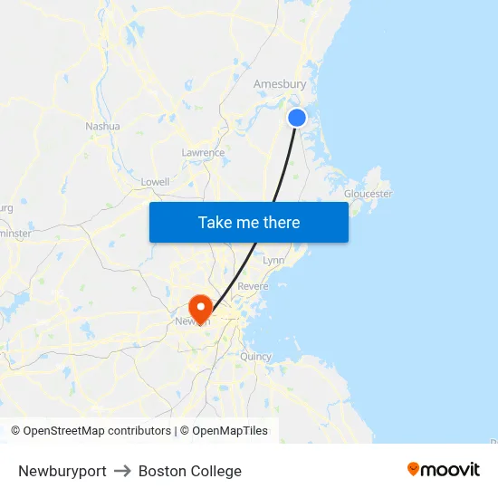 Newburyport to Boston College map