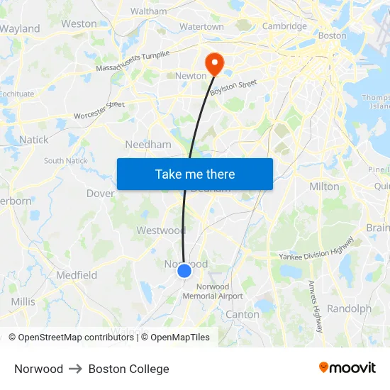 Norwood to Boston College map