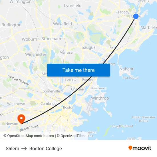Salem to Boston College map