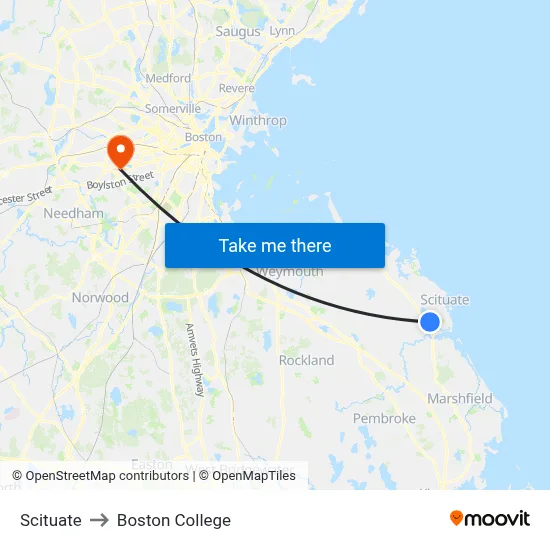 Scituate to Boston College map
