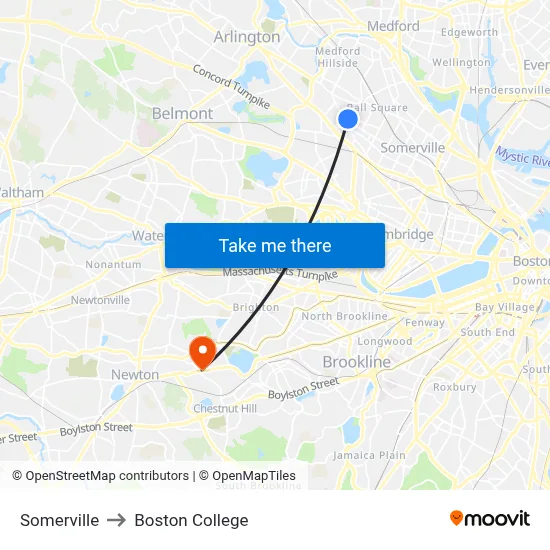 Somerville to Boston College map