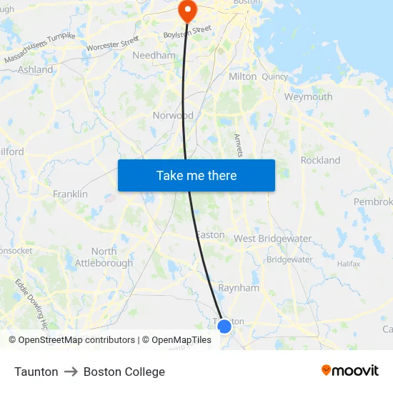 Taunton to Boston College map